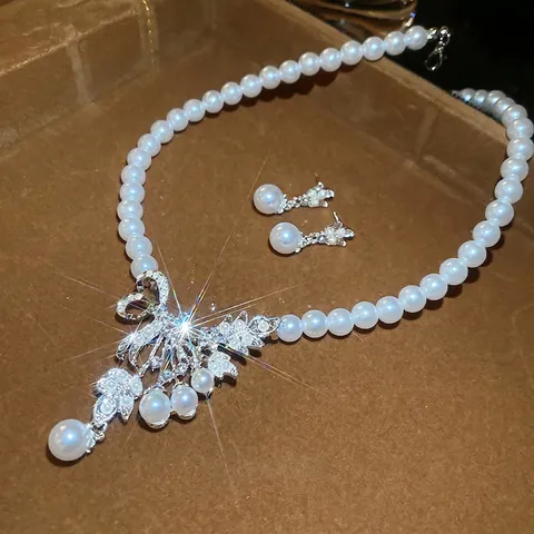 Gioielli Donna Perla Artificial Sintetica Vintage Francese Collana Orecchini Con Perno In Argento Fiocco Foglia Strass