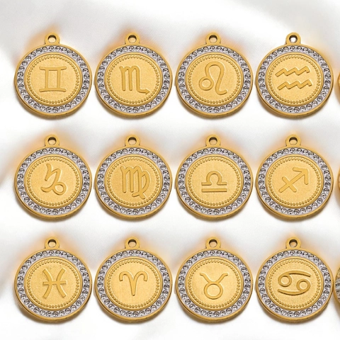 Round Zodiac Sign Pendant Shell Rhinestone Inlaid DIY Jewelry Material For Necklace Charm 18K Gold Plated Accessories