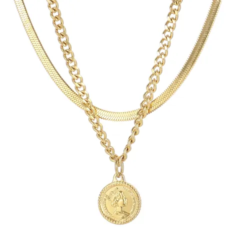 Double Layer Necklace Stainless Steel Round Portrait Coin Pendant Stacking Fashion Jewelry Elegant