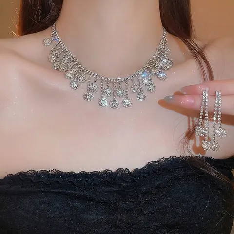 Elegante Collar De Circonita Y Diamantes De Imitación Floral Y Pendientes De Borla Joyería De Lujo Para Mujer