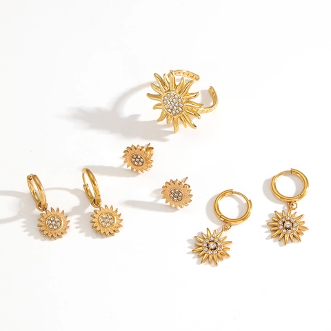 Roestvrijstalen Zonnebloem Zon Ster Hangende Oorbellen Met Zirkoon Trendy Geometrische Sieraden Vrouwen Ring Accessoire