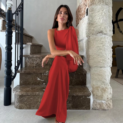 Single Shoulder Mouwloze Maxi Jurk Polyester Spandex Slim Fit Gedrapeerd Detail Elegante Avondjurk Feest Sociale Evenementen Vrouwen
