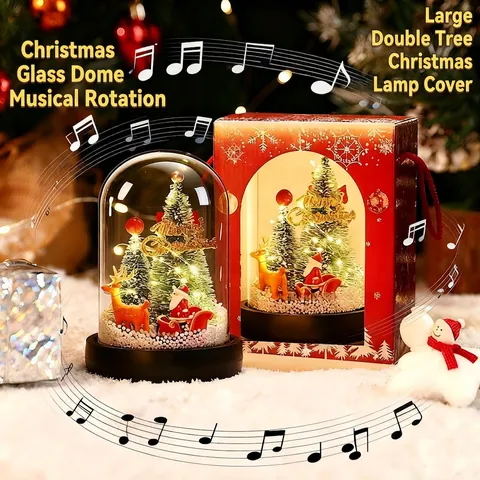 Boîte à Musique Sapin de Noël Rotative à LED sous Dôme en Verre avec Père Noël Renne Décoration de Bureau Festive Cadeau de Noël