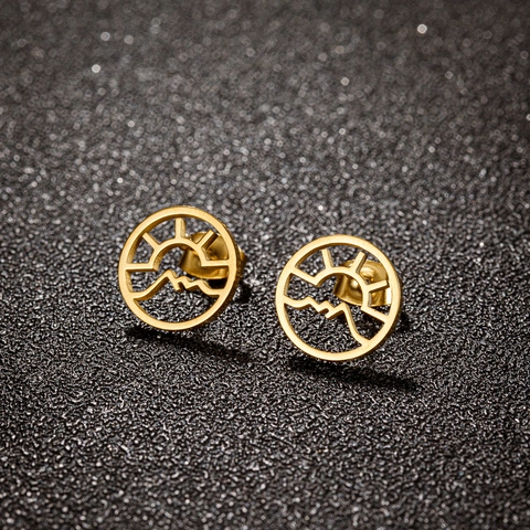 Round Stud Earrings Stainless Steel Geometric Hollow Sun Mountain Scenery Simple Niche Jewelry For Women