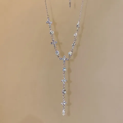 Cross Water Drop Pendant Necklace Alloy Rhinestone Crystal Y-Shaped Elegant Jewelry For Women Silver Tone