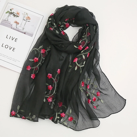 Damen Blumenschal Stickerei Chiffon Satinnartig Stola Sonnenschutz Strandtuch Lange Mode Elegant Leicht Atmungsaktiv