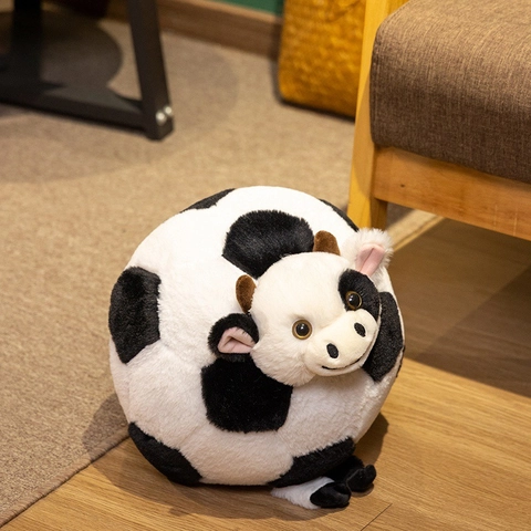 Creative Cow Soccer Plush Toy Stuffed Animal Cow Pattern Round Pillow Soft Cartoon Cushion For Kids Home Decoration Gift