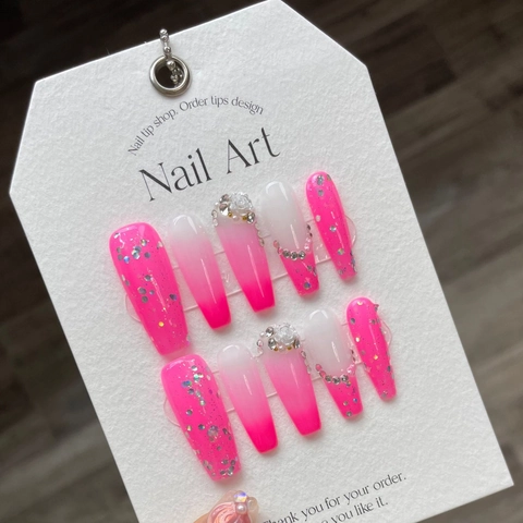 Uñas Postizas a Presión Hechas a Mano Extra Largas Rosa Barbie Degradado Con Rosa Blanca 3D Diamantes de Imitación Lazo Estilo Hot Girl