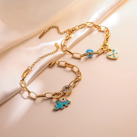 Bracciale Charms Elefante Cuore Acciaio Inossidabile Placcato Oro Smalto Blu Malocchio Zircone Gioielli Boho Per Donne