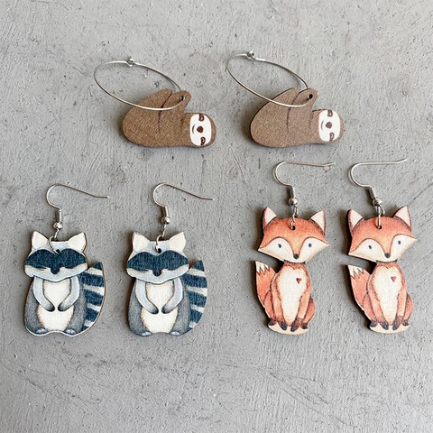 Pendientes Colgantes De Madera De Animales Lindos Zorro Perezoso Mapache Estilo Bosque Joyería