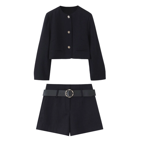 Damen Casual Zweiteiler Set Kurz西装外套 Mit Goldenen Knöpfen Und Hoher Taille Gürtel Shorts Eleganter Schwarzer Outfit