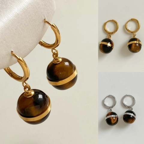 Tiger Eye Stone Hoop Earrings With Stainless Steel Earring Post Ball Pendant Vintage Maillard Style Geometric Jewelry