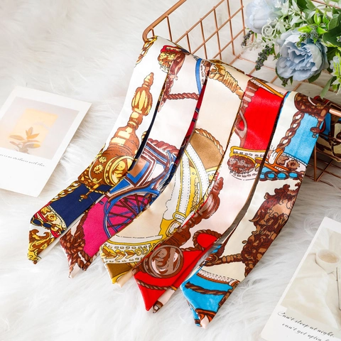 Skinny Scarf Satin Polyester Chain Horse Print Retro Handbag Wrap Hair Band Necktie For Women