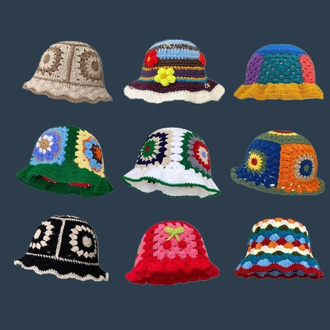 Handmade Crochet Knit Bucket Hat Floral Striped Hollow Out Retro Bohemian Style Headwear For Women