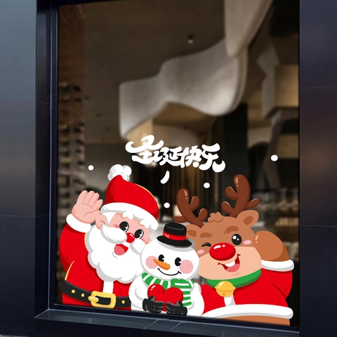 Christmas Window Stickers Static Cling PVC Cartoon Santa Claus Snowman Reindeer Double Sided Reusable Glass Decals Festive Decor