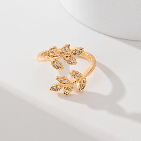 Mode Blatt Design Kupfer Gold Überzogen Verstellbar Offen Ring Für Damen Elegant Strass Eingelegt Botanisch Schmuck Fingerring