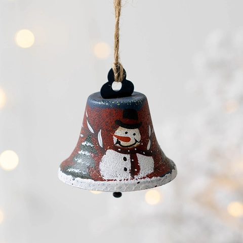 Christmas Bell Ornaments Metal Hand Painted Snowman Santa Claus Jute Rope Hanging Vintage Tree Decorations