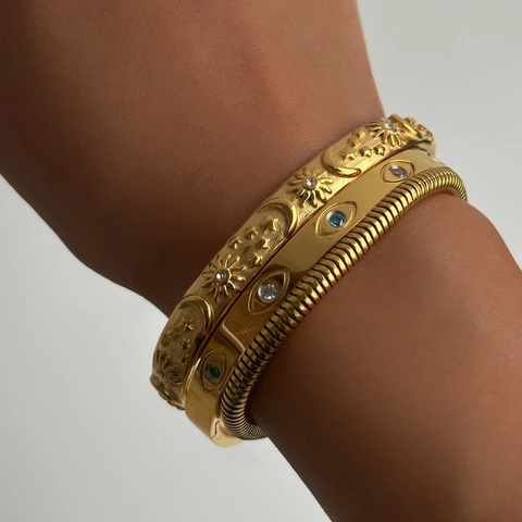 Evil Eye Bangle Bracelet 18K Gold Plated Stainless Steel Colorful Zircon Inlaid Jewelry For Women