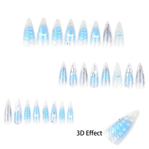 Unghie Finte Press On Rilievo 3D Sfumatura Blu Bianco Farfalla Tribal Stiletto Lungo Y2K Punk Unghie Artificiali