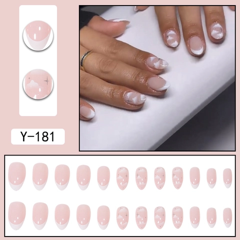 Handgefertigte Französische Press On Nägel Weiße Wolke Stern Design Rosa Mandelform Acryl Falsche Nägel Für Damen