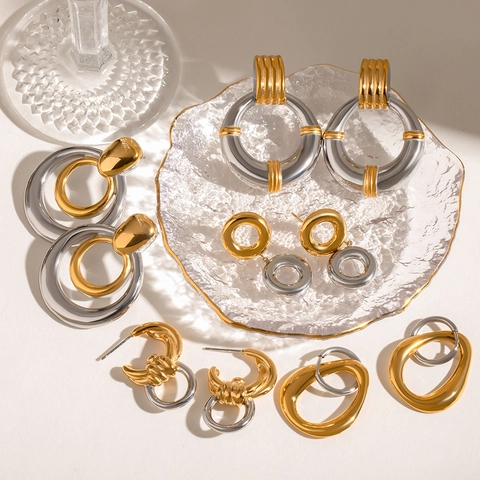 Orecchini In Acciaio Inossidabile Bicolore Oro Argento Cerchi Geometrici Impermeabile Ipoallergenico Gioielli Da Donna