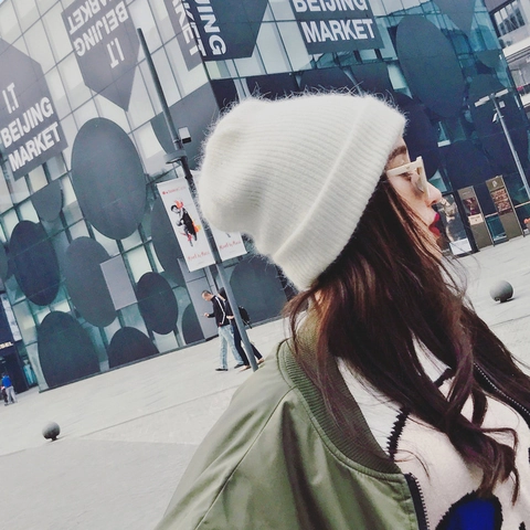 Women Winter Warm Angora Rabbit Hair Blend Knitted Beanie Hat Soft Thick Ribbed Cuff Solid Color Outdoor Casual Headwear