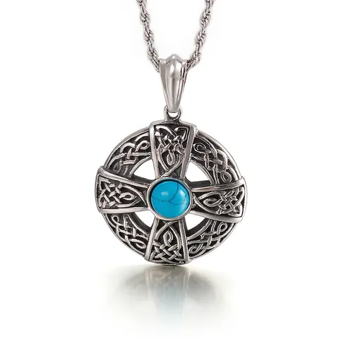Vintage Celtic Knot Cross Pendant Necklace Stainless Steel Retro Punk Hip Hop Men Jewelry Turquoise Inlay Nordic Style
