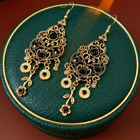 Vintage Flower Gourd Hollow Drop Earrings With Rhinestones And Silver Earring Post Bohemian Luxury Jewelry For Women