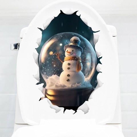 Adhesivo 3D Navideño Para Inodoro Muñeco De Nieve Vinilo De PVC Impermeable Efecto De Pared Rota Decoración De Baño
