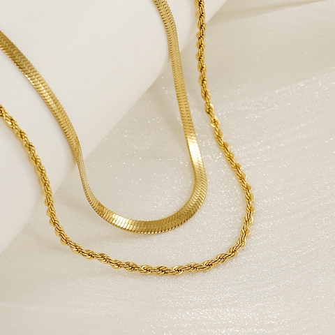 Layered Κολιέ 18K Επιχρυσωμένο Ανοξείδωτο Ατσάλι Μινιμαλιστική Herringbone Και Σχοινί Αλυσίδες Για Γυναίκες Κοσμήματα