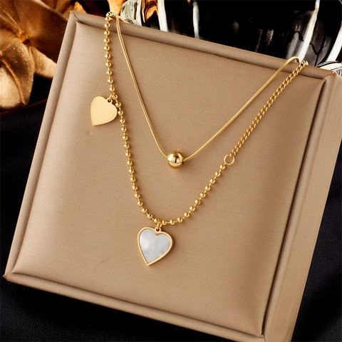 French Vintage Titanium Steel Layered Heart Pendant Necklace Gold Shell Inlay Double Chain Elegant Jewelry For Women