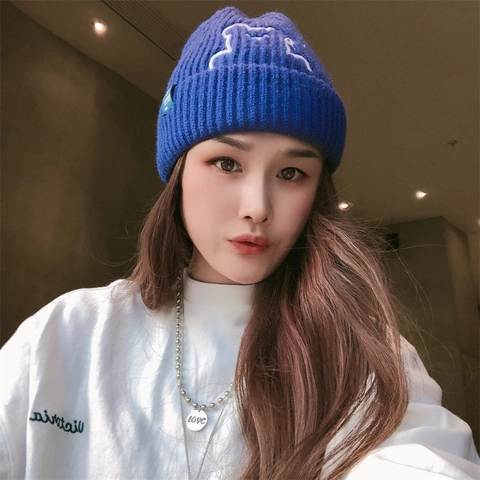Gorro De Punto De Invierno Cálido Grueso Gorro Con Dobladillo Para Mujeres Hombres Color Sólido Bordado De Letras Gorro Térmico