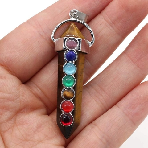 Natural Stone Chakra Pendant Necklace Hexagonal Crystal Column Zinc Alloy With Colorful Rhinestone Healing Energy For Women
