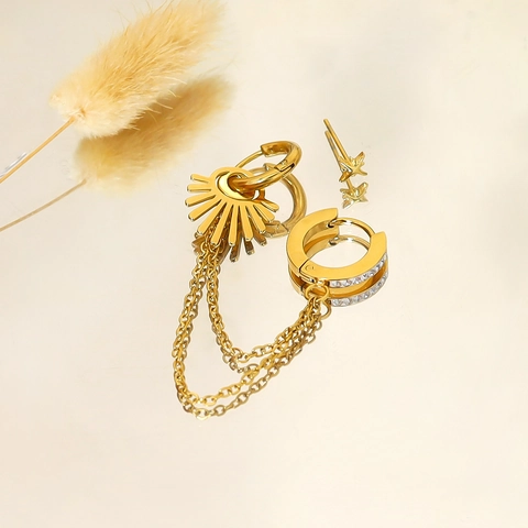 Squisito Set di Orecchini a Cerchio in Acciaio Inossidabile Placcato Oro Con Nappina a Catena e Strass Gioielli da Donna