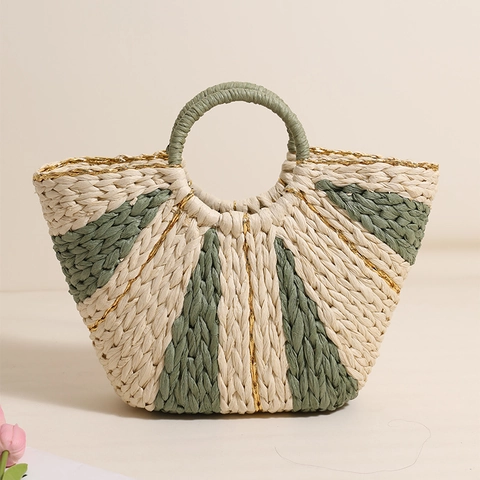 Handwoven Paper Straw Handbag With Gold Thread Large Capacity Beach Vacation Pastoral Color Block Tote For Women