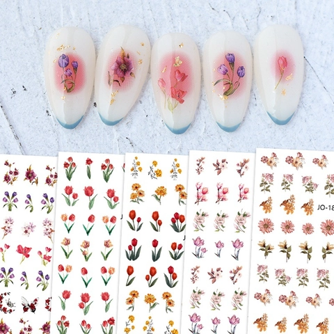 Tulip Flower Nail Art Stickers Ultra Thin Waterproof Self Adhesive Spring Floral Decals DIY Manicure Decoration For Women