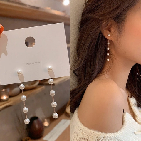 Elegant Long Tassel Artificial Pearl Drop Earrings For Women Alloy Gold Silver Color Linear Fringe Dangle Earrings Fashion Jewelry