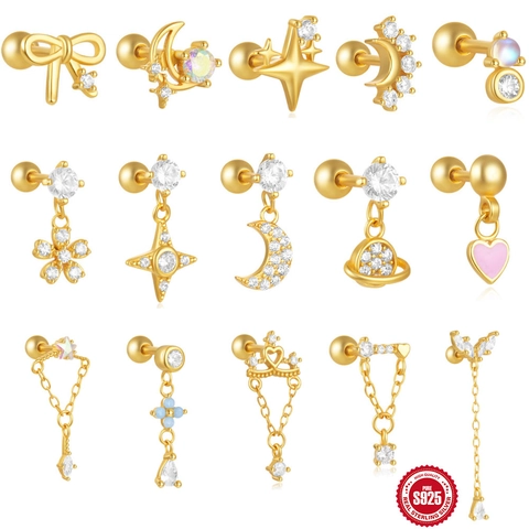 925 Sterling Zilveren Kraakbeen Oorbel Piercing Stud Met AAAAA Zirconia Maan Ster Saturnus Hangers Schroefbal