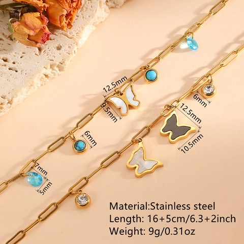Pulsera Con Amuleto De Mariposa Acero Inoxidable Chapado En Oro De 18K Con Concha Cristal Azul Strass Joyería Elegante Para Mujer