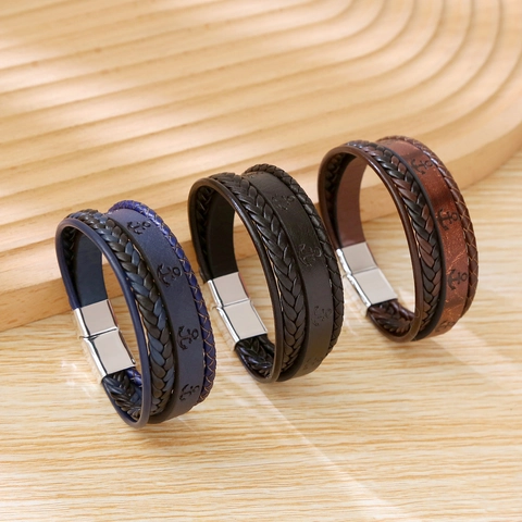 Vintage Braided Leather Bracelet Multi Layer Anchor Embossed Nautical Style Alloy Magnetic Clasp Jewelry For Men