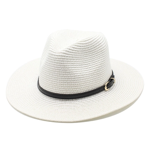 Fedora Straw Hat For Women Summer Sun Protection Beach Jazz Sunshade Breathable With Leather Belt Gold Buckle