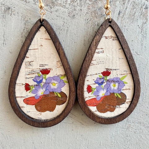 Tropfenohrringe Holz PU Leder Südweststil Ethno Muster Böhmisch Floral Damen Schmuck