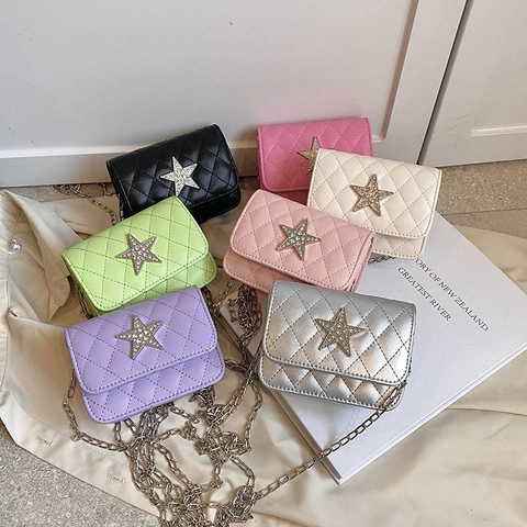 Kids Crossbody Bag PU Leather Quilted Lattice Rhinestone Star Small Square Shoulder Bag Metal Chain Strap For Girls