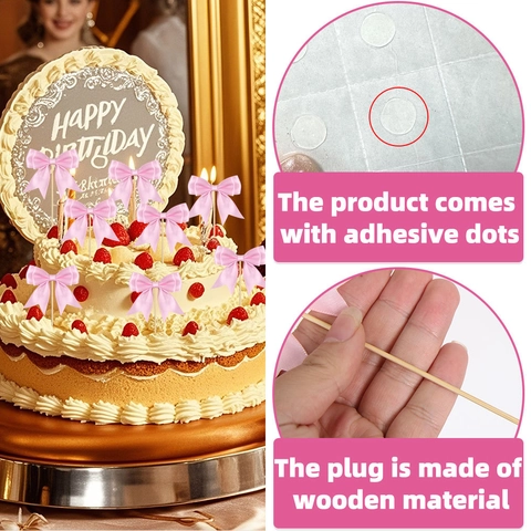 Polyester Ribbon Bow Cake Toppers With Wooden Sticks Satin Bow Cake Decorations For Birthday Wedding Party Dessert Decor