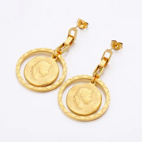 Vintage Portrait Coin Dangle Earrings Stainless Steel Geometric Ring Drop Fashion Jewelry For Women
