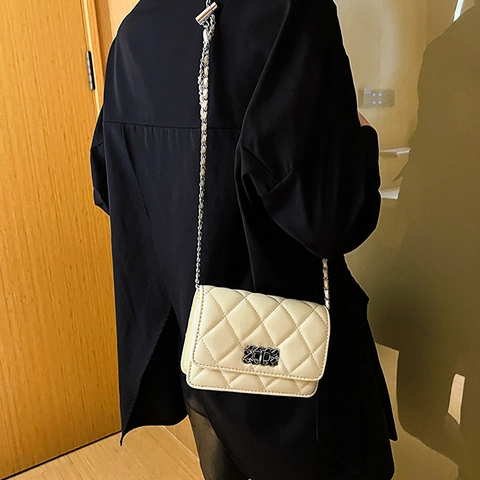 Quilted Diamond Lattice PU Leather Crossbody Bag Metal Chain Strap Lock Closure Elegant Shoulder Square Purse Women