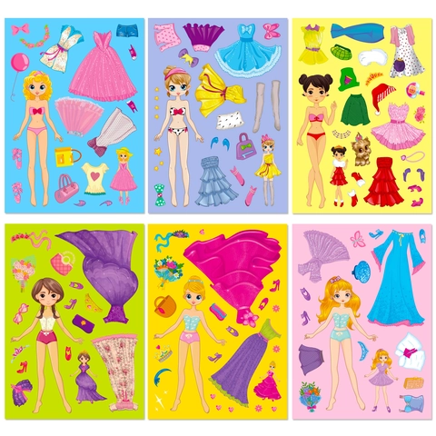 Pegatinas de Cambio de Cara de Vestir de Princesa DIY para Niños Muñeca de Niña de Dibujos Animados Juguete Educativo