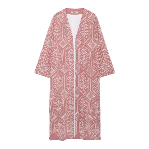 Women Extra Long Trench Coat Ethnic Geometric Embroidery Kimono Open Front Cardigan Woven Polyester Retro Jacket