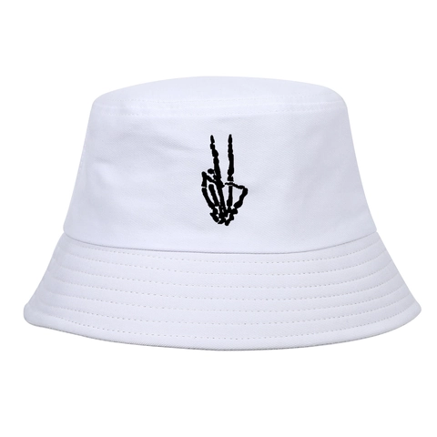 Cotton Bucket Hat With Skull Finger Embroidery Streetwear Hip Hop Sunshade Flat Top Outdoor Fisherman Hat For Unisex