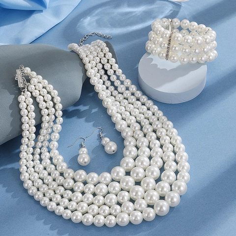 Exaggerated Multi Layer Faux Artificial Pearl Necklace And Earrings Jewelry Elegant Bridal Wedding Alloy Rhinestone Accessories For Women